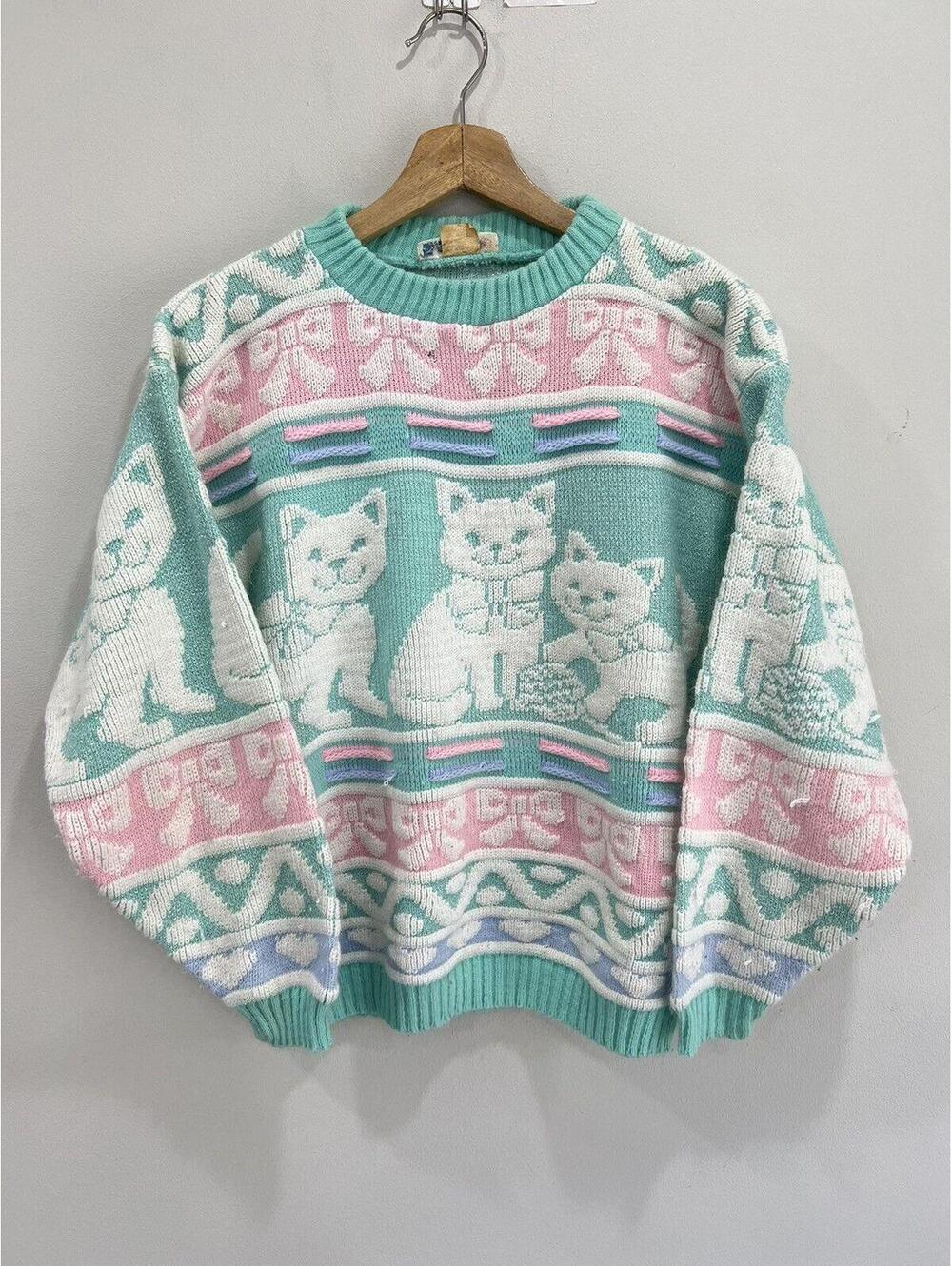 Vintage Womens 80s Pastel Rose Knit Sweater Cat acrylic